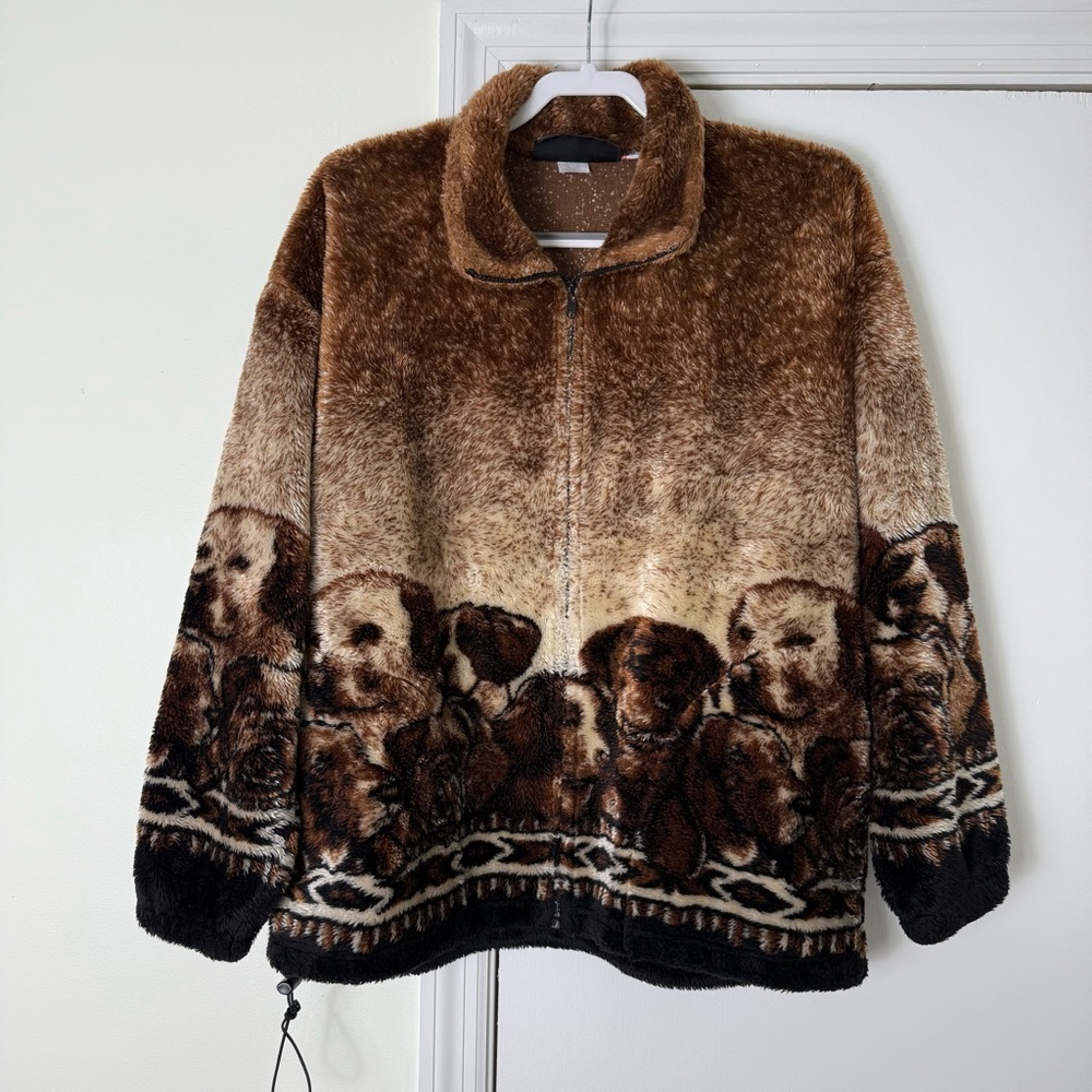 Vintage Cobblestone Canyon Brown Faux Fur Jacket with Dog Graphic Size XL